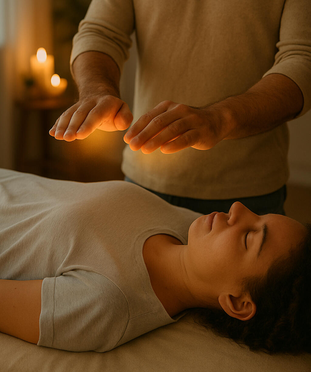 Reiki-Behandlung in Stralsund Ein Reiki-Praktizierender hält seine Hände mit Abstand über einer entspannt liegenden Frau in einem warm beleuchteten Behandlungsraum.